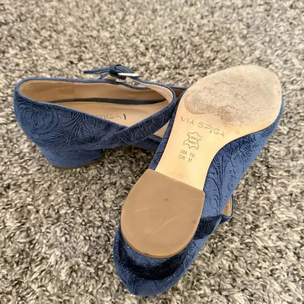 Navy Blue Embossed Velour Mary Jane Block Heel